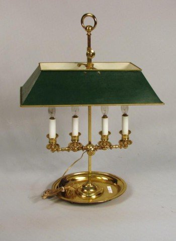 Brass Bouillotte Lamp: French brass rectangular bouillotte lamp with green painted tole shade, 20th century, restorations. 17 1/2" wide 8" deep 24" high.