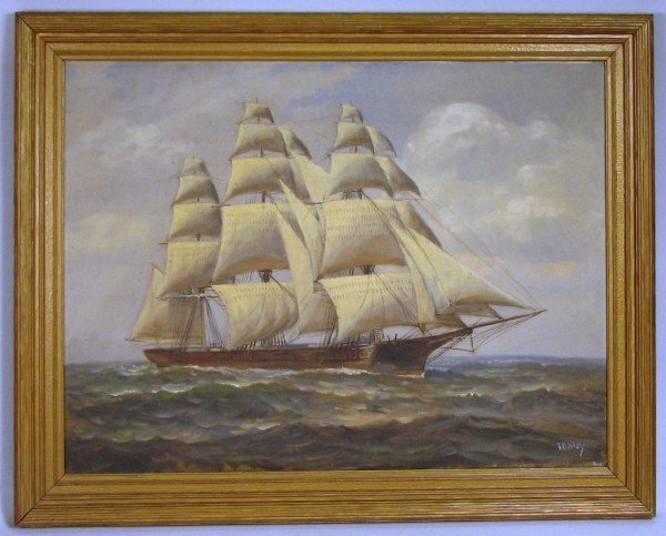 Clipper Ship Painting, s. Bailey: Framed oil on canvas of clipper ship in full sail. Signed lower right "T. Bailey". American, early 20th century. 25" high 34" wide.