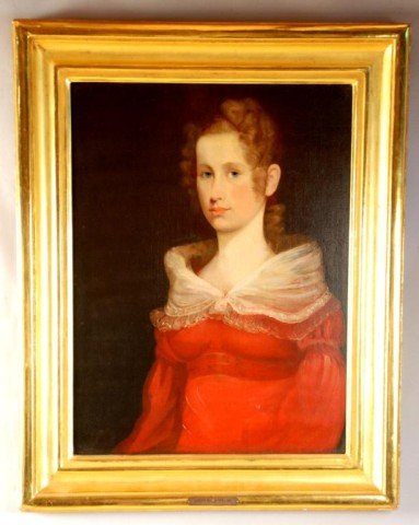 Portrait of Miss Whipple attr. Jouett 19th C.: Portrait of Miss Whipple" attributed to Matthew Jouett. Oil on board circa 1817. Notations, etc. on verso. Possibly Boston area. Jouett studied under Gilbert Stuart in Boston, early 19th century. 26 5