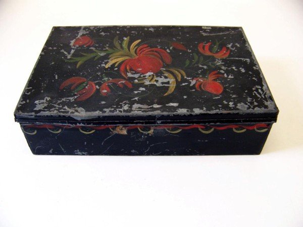 Tole Painted Cash Box: An early tole painted cash box with insert, some losses to paint. 3" high, 12" wide, 8" deep. Provenance: A Los Angeles private collector.