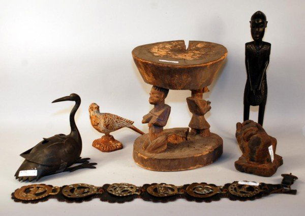 African Figure, Stool, Ornament, and Misc: African ebony figure, together with a carved West African stool, an iron bird fence ornament, a sandstone carving of clasped hands, horse brasses, and a crane form incense burner. Largest 11" high, 10