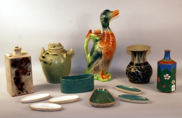 Collection of Bennington Pottery: Collection of seven pieces of David Gil Bennington ceramics, comprising various small bowls, together with a group of various ceramics, comprising two bottles, a vase, and two oil jars, one in the for