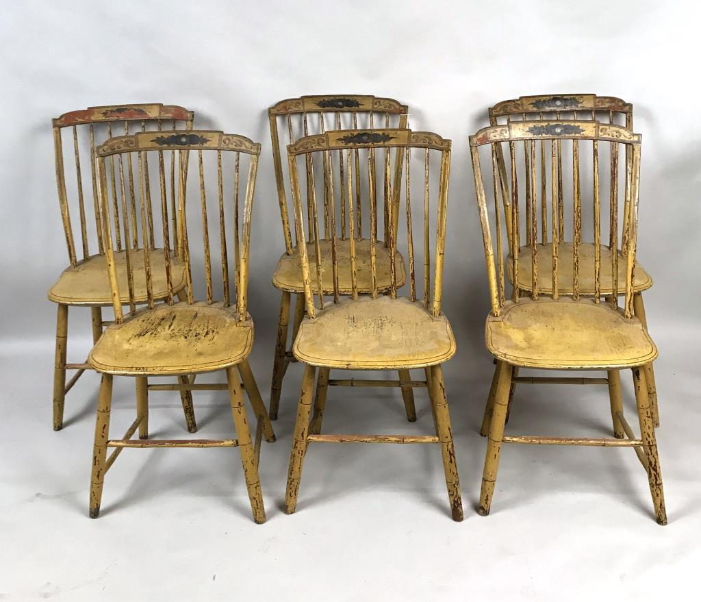 Set Six American Federal Painted Windsor Chairs: with curved stepped down crests, with yellow ground overall and painted striping, the crests with floral decoration. 36 1/2" high, 17" wide, 16" deep. Some paint and finish loss, age and use wear. Pro
