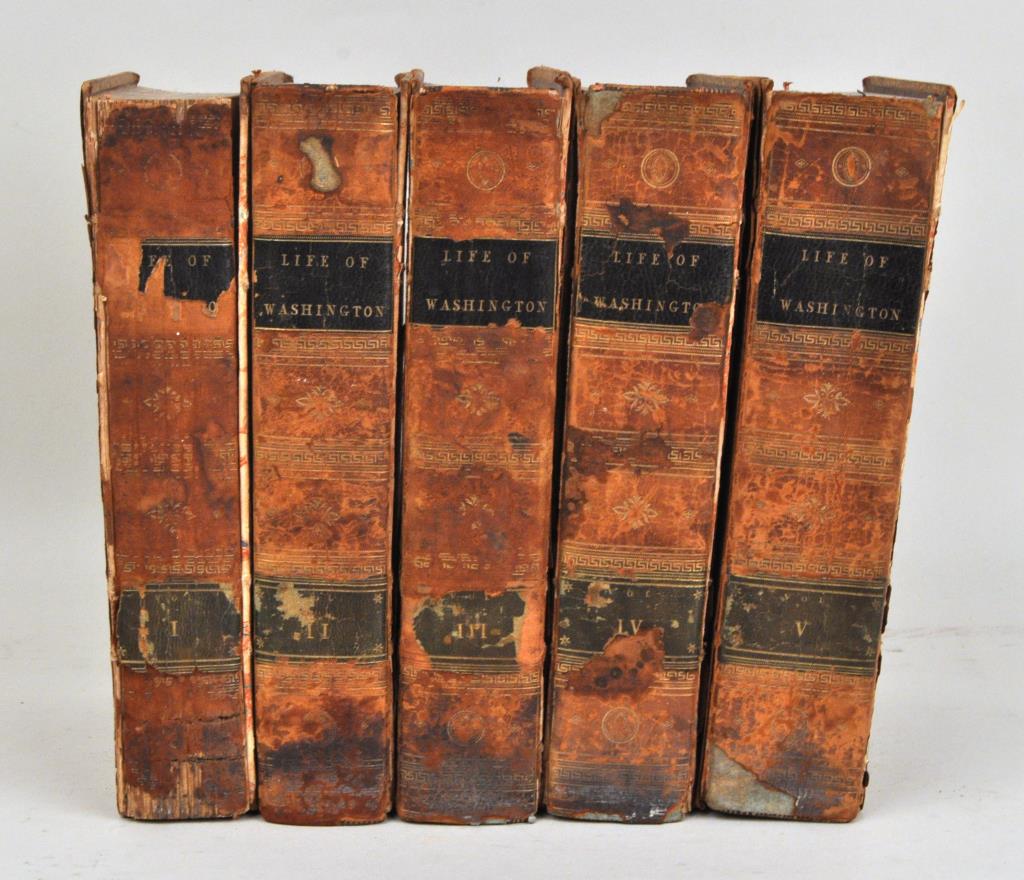 Marshall, The Life Of Washington, 1804-7, 5 Vol.: John Marshall,The Life of George Washington, Commander in Chief of the American Forces, pub. C.P. Wayne, Philadelphia, 1804-1807, full tree calf, 8 7/8" high, 5 3/4" wide, Volume I front cover detache
