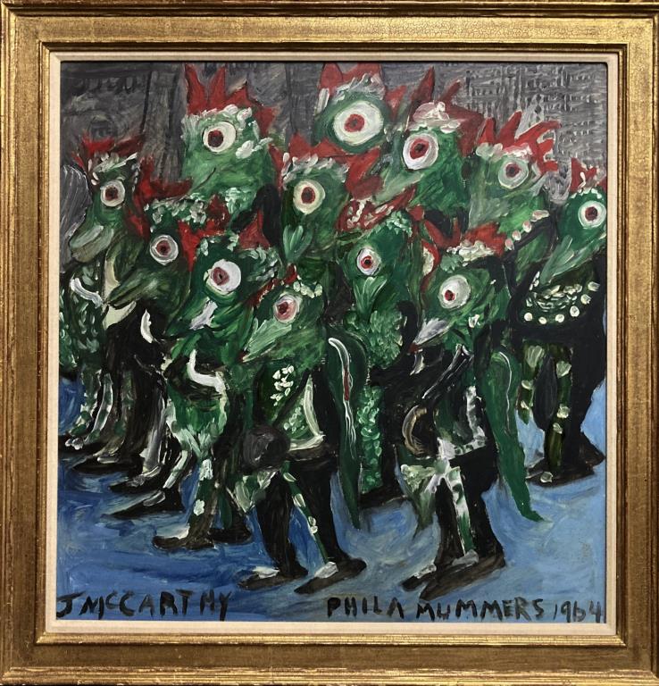 Justin McCarthy, O/B "Philadelphia Mummers": ((American, 1892-1977) outsider artist. Work signed, titled, dated 1964. Frame size: 28 1/4" high, 28 1/4" wide. Provenance: Property of a Greenwich CT Collector.