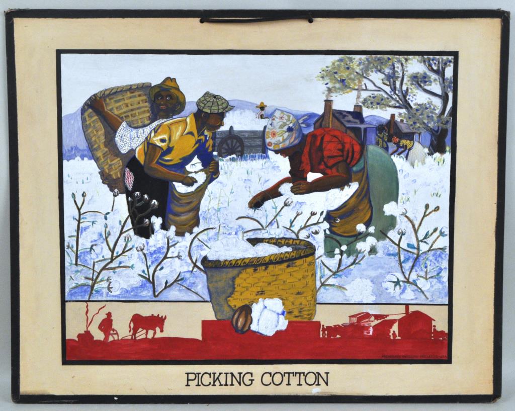 Jennie Hite, "Picking Cotton", WPA Project, G/B: (American, 20th c.), African American laborers, inscribed lower right and verso "Michigan Museums Project WPA". 22" high, 28" wide. Unframed. Provenance: Property of a New Haven County Collector.