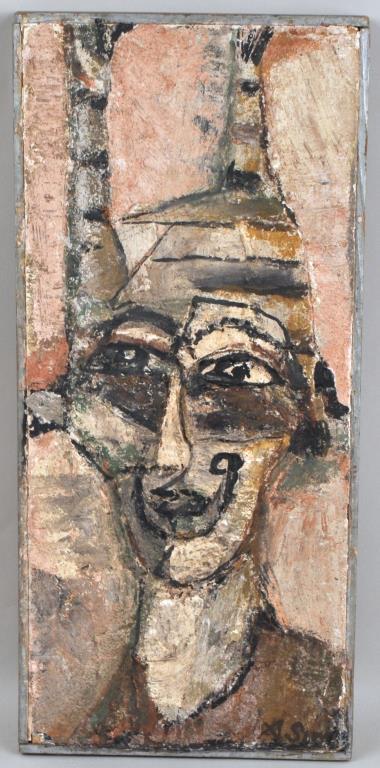 Agnes Sims, "Koshare Clown" M/M/B: (American, 1910-1990), signed. Frame size: 21 3/4" high, 10" wide. Edge losses.