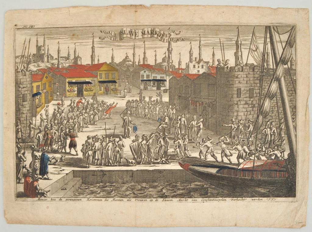 Copper Engraving, "Slave Market": Constantinople; From: Pierre Dan, Histoire van Barbaryen, Amsterdam (Jan ten Hoorn), 1684 with hand coloring. 8 3/8" high, 12" wide. Toning, stains, folds, small edge tears, losses. We offer in-house 
