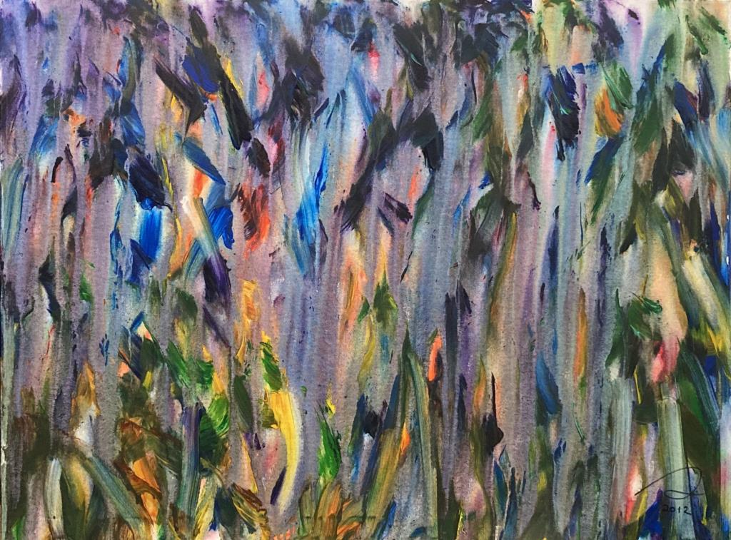 S. Lindwasser, A/C Abstract Composition: Stanley Lindwasser (Am. 1947-2020) acrylic on canvas, unframed, signed and dated 2012 lower right, numbered "29 " verso. 30" high, 40" wide. Lindwasser was a prolific artist for over 35 years with an 