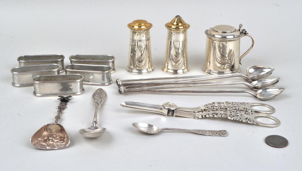 Group Sterling Table Top Accessories: comprising a pair of English grape shears made in Sheffield in 1896, makers' mark "JR," an English mustard pot and salt and pepper made in Sheffield in 1928, makers' mark "EV," 6 heart shaped iced tea