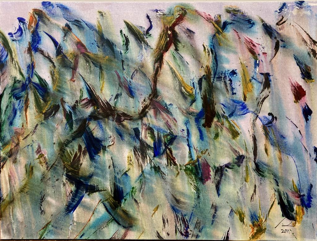 S. Lindwasser, A/C Abstract Composition: Stanley Lindwasser (Am. 1947-2020) acrylic on canvas, unframed, signed and dated 2011 lower right, numbered "44" verso. 30" high, 40" wide. Lindwasser was a prolific artist for over 35 years with an e
