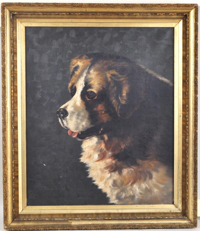 Victorian O/C Painting of St. Bernard Dog: unsigned. Frame size: 29" high, 25 1/2" wide. Small area of paint loss in lower left corner.