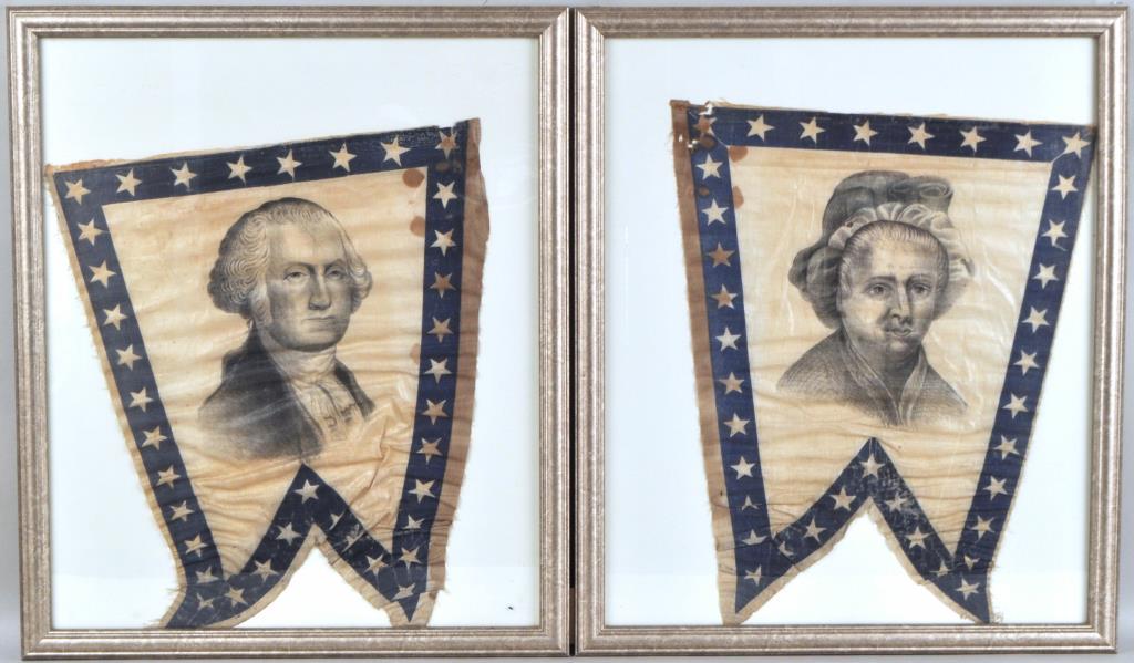 Pair Framed Banners, George & Martha Washington: double pennant form with printed portraits on fabric within a starred border, probably late 19th century. 26" high, 22" wide. Scattered stain, fading to borders, small tears to one, both slipped in fr