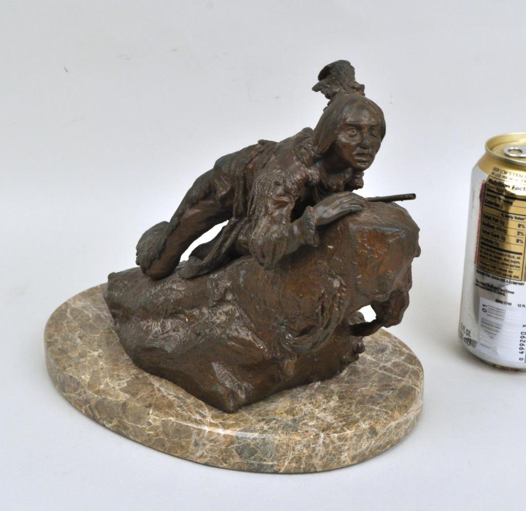 After C. Kauba, Native American Scout, Bronze: Carl Kauba (Austrian, 1865-1922), signed on rock, on a marble base. 6 1/2" high (7 3/4" overall), 8 1/2" wide, 5" deep. Provenance: Property of a New Haven County Collector. We offer in-house packing 