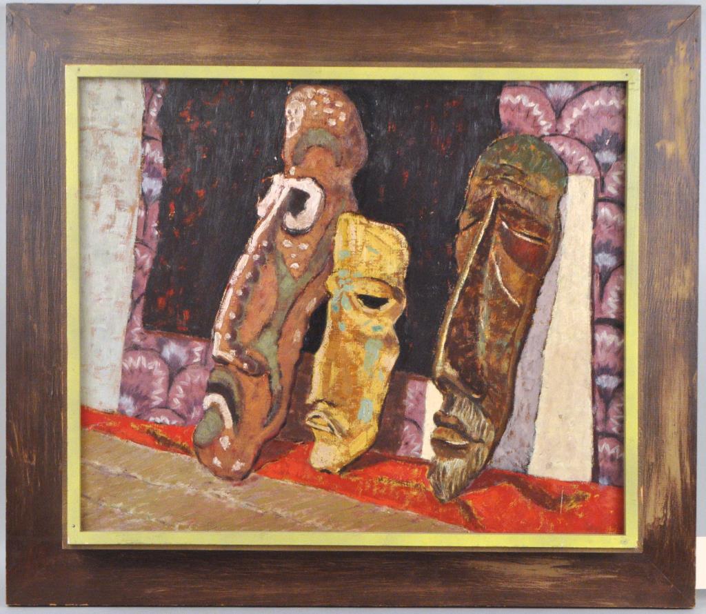 A. Manfre, Three Masks, O/M: in a cotemporary custom made frame. Exhibition label verso. Frame size: 26 1/2" high, 30 1/2": wide. Provenance: Property of a New Haven County Collector.