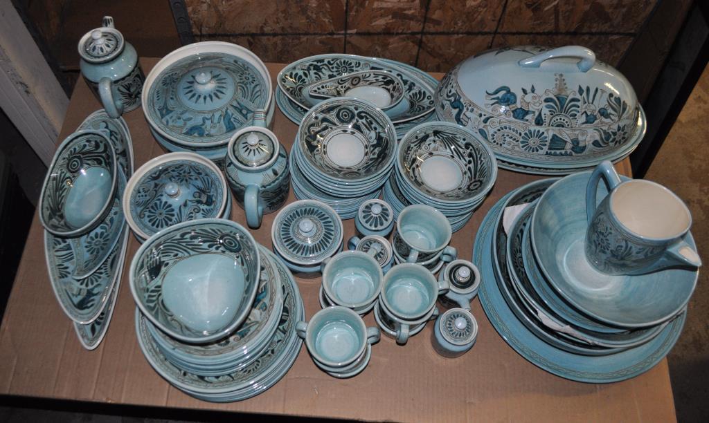 Large Group Signed Felix Tissot Glazed Pottery: the Tissot designed service made by artisans in Taxco, Mexico; comprising 2 covered casserole, 13 luncheon plates, 12 saucers, 12 cups, 2 sugar, 2 creamer, gravy boat, elongated bowl, footed platter,