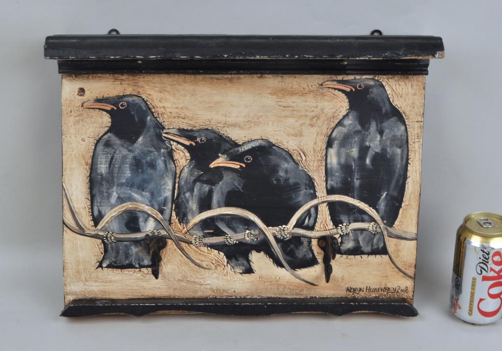 Hand Painted Crow Coat Rack/Shelf: signed Robyn Humphrey 2008. 13" high, 16 1/2" wide.