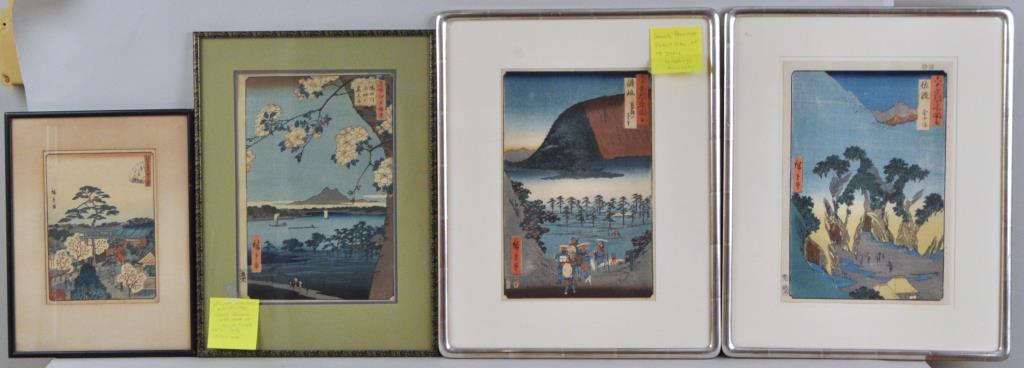 Four Framed Japanese W/B Prints, Utagawa Hiroshige: (1797-1858), comprising "Hachiman Shrine at 'Chigawa'," "Cherry Blossoms in the Grove of Suijin Temple," two of "Sanuki Province distant view of Mt. Zozu." Not examined out of frames. The last two pri