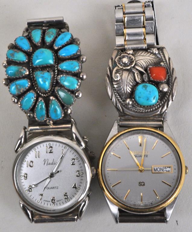 Two Watches, With Turquoise & Sterling Bands: one Nadia watch, the other a Seiko watch. Turquoise/coral marked "D. Clark Sterling." Watches are untested. Largest: 1 1/4" wide, 6" long. Provenance: Property of a Rockland County, NY Estate. We offe