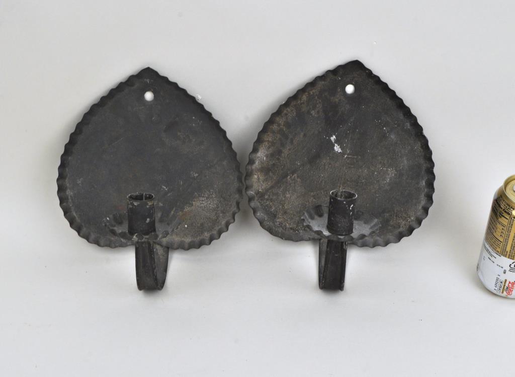 Rare Pair Heart Shaped Tole Wall Sconces: 9" high, 8" wide, 5" deep. Expected age and use wear. Provenance: Property of a New York City Collector.