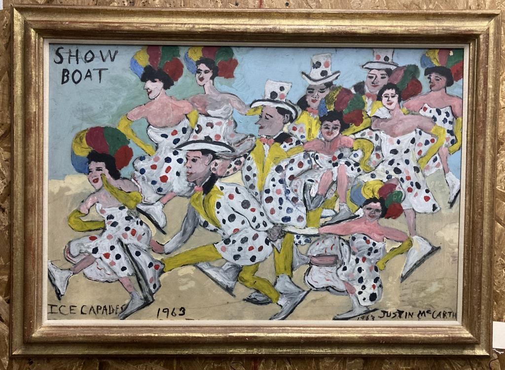Justin McCarthy, O/B "Show Boat Ice Capades": (American, 1892-1977) outsider artist. Work signed, titled, dated 1963. Frame size: 30" high, 41 3/4" wide. Provenance: Property of a Greenwich CT Collector.
