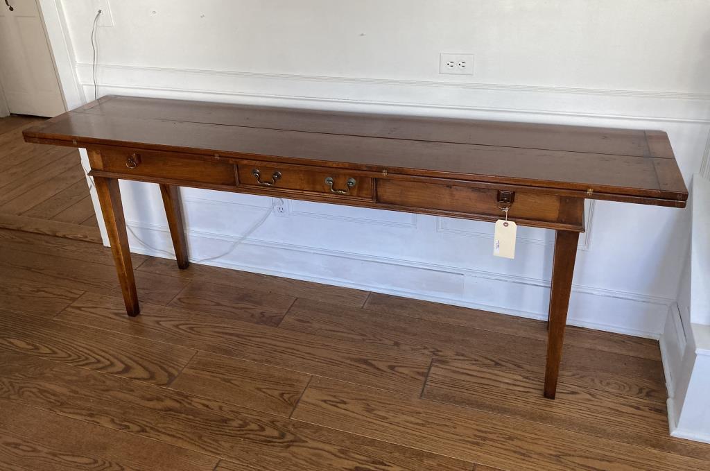 Hepplewhite Style Metamorphic Side/Hunt Table: with hinged folding top, converts from side table or server to hunt table, one drawer in apron. 31" high, 82" long, 18" deep. 36" deep open. Provenance: Property of a Woodbury CT Estate.