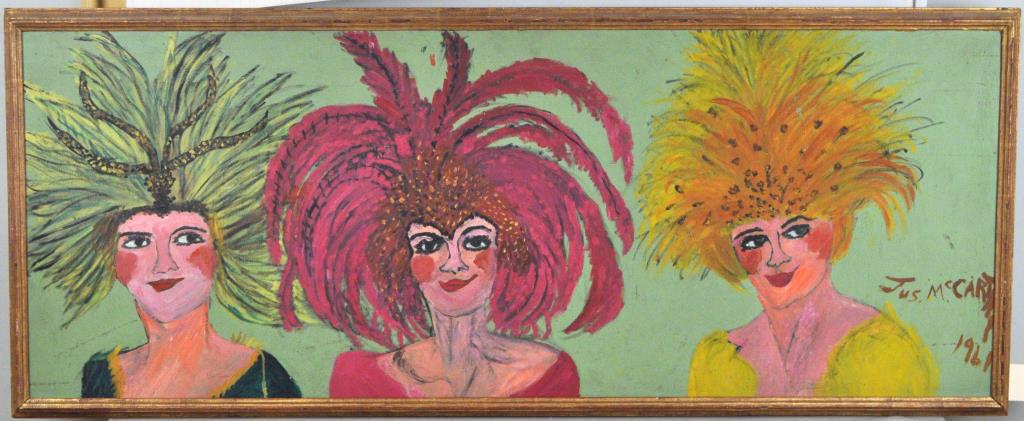 Justin McCarthy, O/B "ShowGirls": (American, 1892-1977) outsider artist. Work untitled depicting three showgirls, signed, dated 1961. Frame size: 25 1/2" high, 62" wide. Provenance: Property of a Greenwich CT Collector.