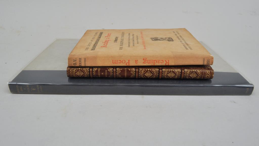 W. M. Thackeray, Reading A Poem: privately printed for a reading by Charles Plumptre Johnson to the "Sette of Odd Volumes" signed by Johnson, copy no. 57 (of 321) in original wrappers London, Chiswick Press, 1891, 12mo. Together with