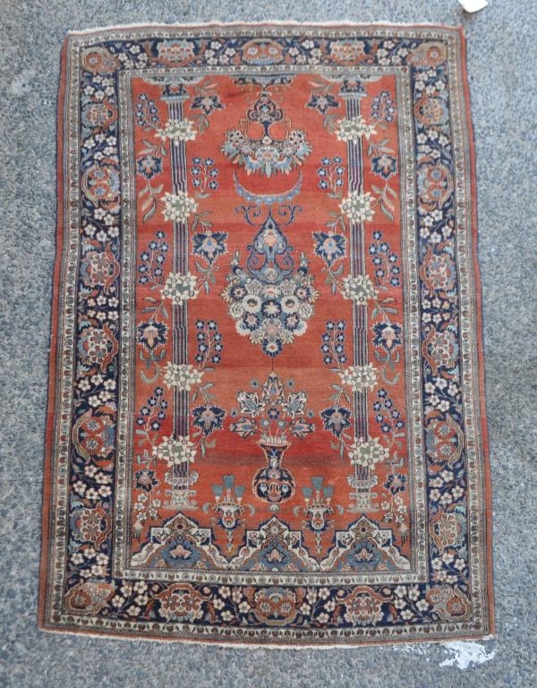 Persian Kashan Rug: 6' 9" long, 4' 6" wide. Pile wear, end losses, some small areas of moth damage. All rugs sold as is.