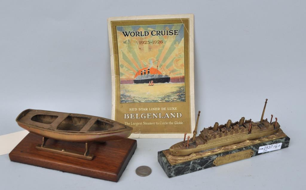 Two Brass Ship Models: comprising "Souvenir SS Belgenland's World Cruise Red Star Line 1930-1931" brass or bronze steamship, and accompanying booklet from an earlier voyage; together with a three part brass dinghy on a maho