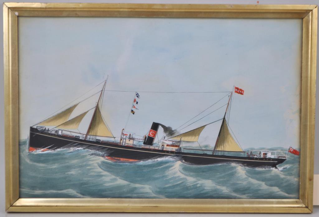 British Nautical W/C Ship "Castlecarth": HC&Co "Castlecarth". Frame size: 22 7/8" long, 15 3/8" high. Not examined out of frame. Likely originally had an outer frame, water damage to right side. Toning throughout. Provenance: Estate of Georg