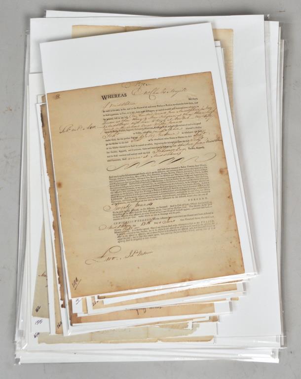 Large Collection Early 19th C. RI Marine Policies: mostly issued by the Warren or Washington Insurance Companies for numerous vessels and voyages, 41 items. Largest: 20 1/2" high, 12" wide. Toning, losses and staining to many. Provenance: Estate of Ge