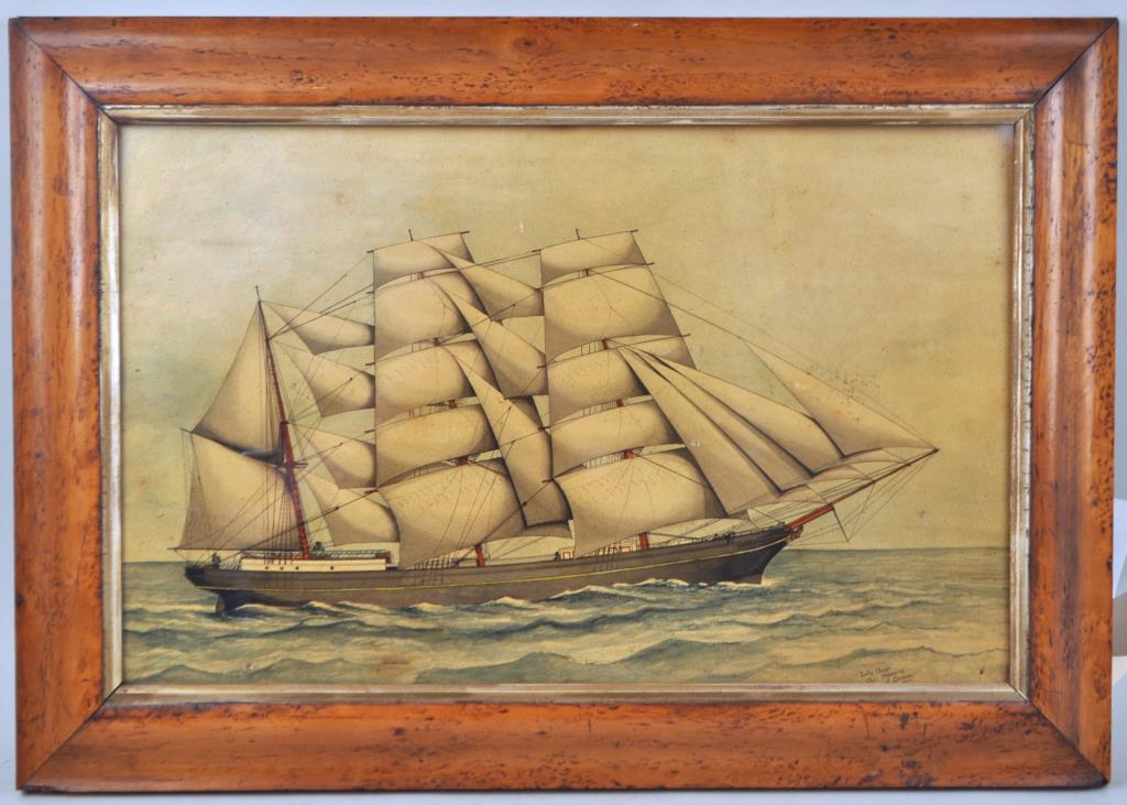 "Bark Zulu Chief" W/P: with birds eye maple frame. "Zulu Chief Capt Shearing of London". Frame Size: 26 7/8" long, 19" high. Not examined out of frame. Frame has some losses. Varnished, some spotting, some minute losses. Pr