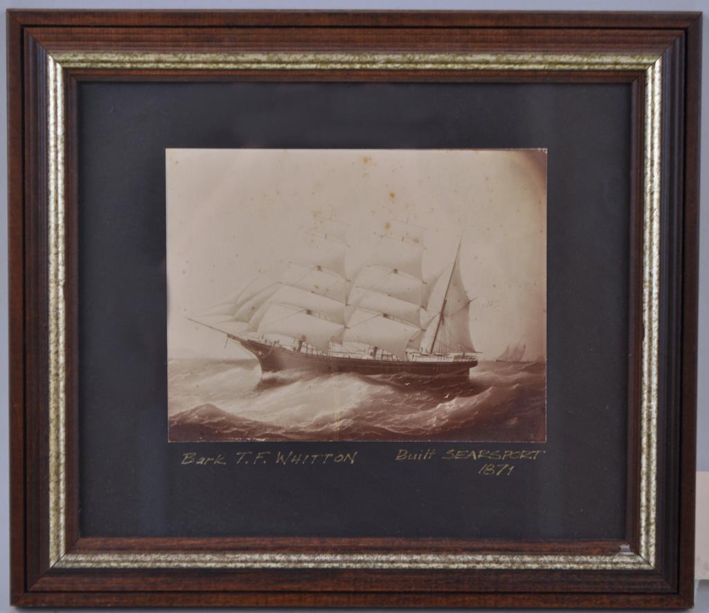 Vintage Photo "Bark T.F. Whitton": "Built Searsport 1871". Frame size: 14 5/8" long, 12 1/4" high; not examined out of frame. Foxing, light scuffing. Provenance: Estate of George E. Ratcliffe, Darien, CT.