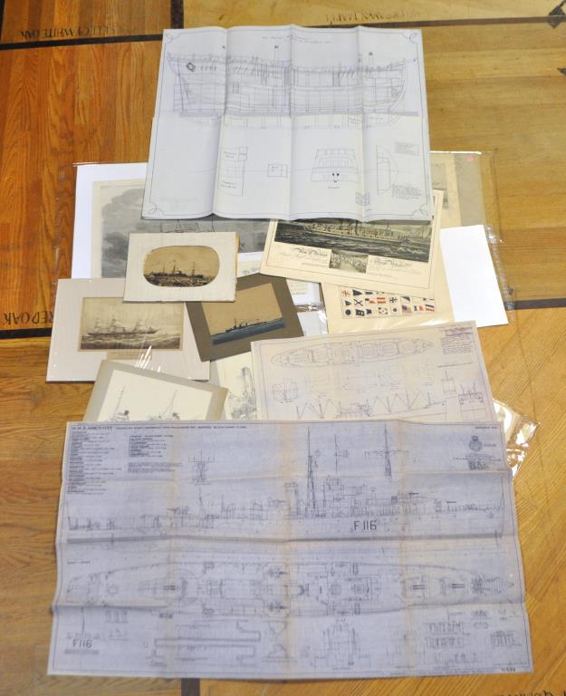 Group Nautical Artworks: Prints & Original: some signed; two Laurence Dunn (English 1907-2006) original sketches including "Queen Mary Undocking", "On Iago'", gouache of "HMS Mouncey", newspaper prints, flag lithographs, ship blueprints and mor