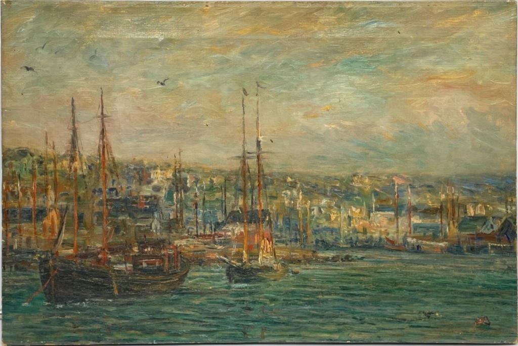 Oscar Anderson, Gloucester Harbor Scene O/C: (Sw/Am. 1873-1953), unframed impressionist work, signed and dated lower right "Oscar Anderson". 16" high, 24" wide. Cracquelure and soiling, small paint chip lower right, light pressure lines at inter