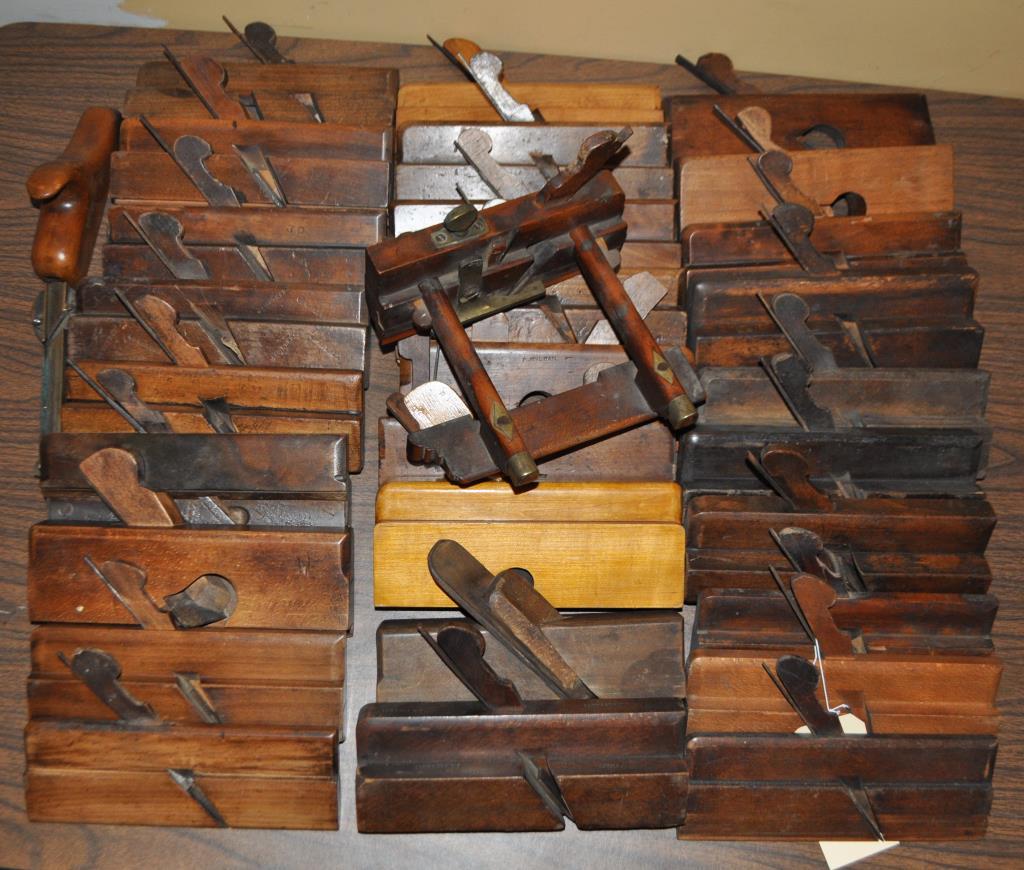 Group Cabinetmaker Planes: comprising 30 various planes, several from Scotland. Names include: Mosely & Sons, Artistine Tool Co, A. Mathieson & Son, James Panton, Marshall, Wilson. Largest: 5 1/2" high, 8 1/4" wide, 8 1/2" deep