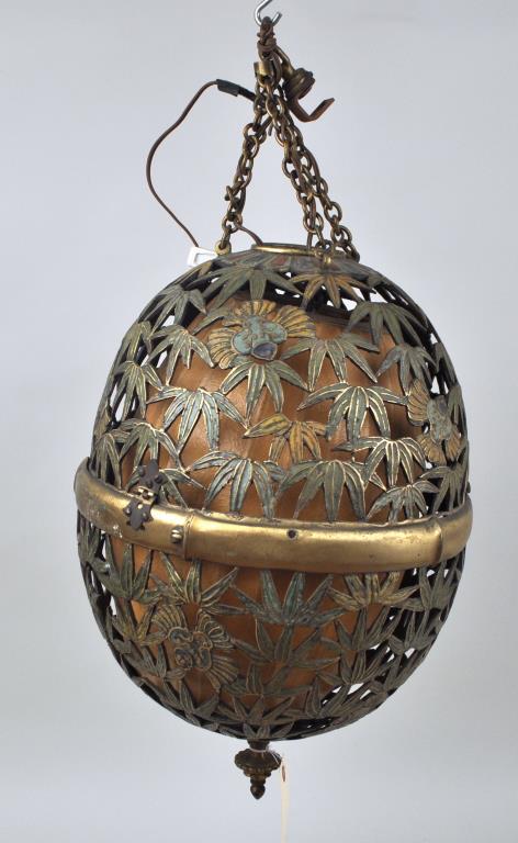 Asian Pierced Brass Hanging Lantern, Enamel Detail: with George Nelson Bubble Lamp insert (and Howard Miller sticker), likely later addition. Bamboo form with birds. Approximately 20 1/2" high excluding chain, approximately 14" diameter. Lamp not inspe