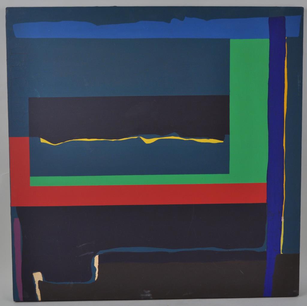 Fred Bull, The Green Mountain With Sunrise, O/C: "The Green Mountain with Sunset Landscape" (American, b. 1942). Canvas Size: 30 1/4" high, 30 1/4" wide. Cracking to painting to upper left, a few scattered scuffs. Property of a Southbury CT Collecto