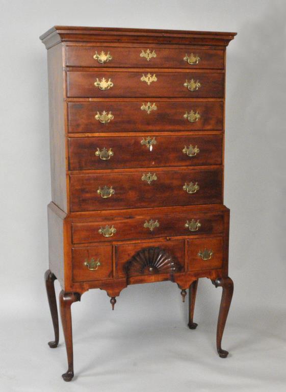 New England Queen Anne Maple Two Part Highboy: 72" high, 38 1/2" long, 21" deep at the knees. Patch to lower drawer and small patch 4th drawer down. Repaired left foot, some scratches, small gouge to front drawer. Provenance: Property of a Massach