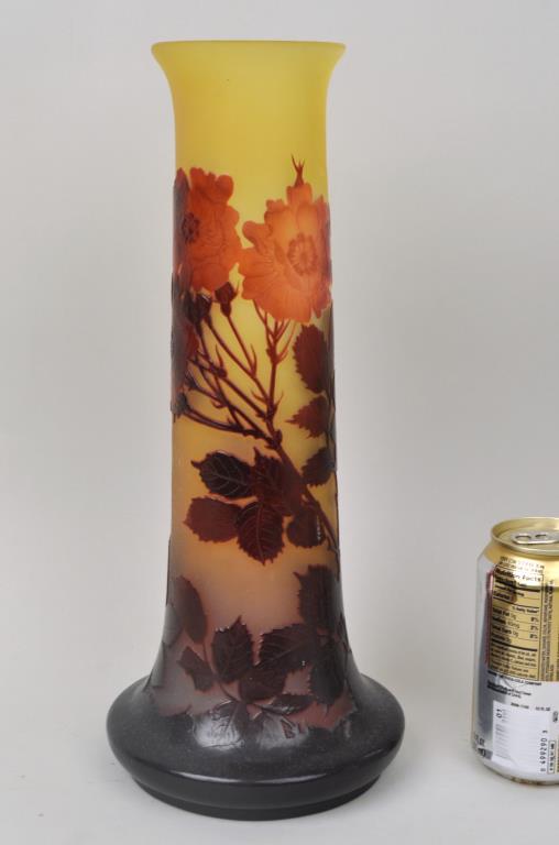 Signed Galle Cylindrical Vase w/ Wild Roses (1 of 5)