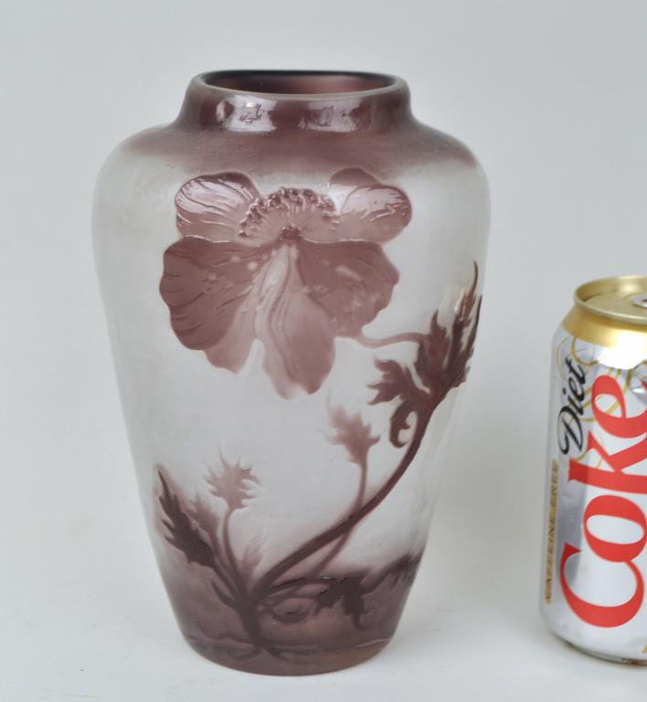 Galle Art Glass Vase with Blossoms: fire polished cameo glass with poppy design. 7 1/2" high, 5 1/2" wide, 4 1/2" deep. Provenance: Property from a New Haven County CT Estate.