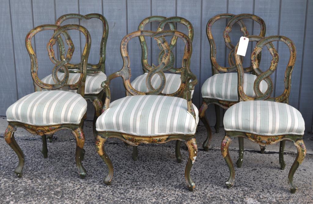 Set Six Carved/Painted Venetian Dining Chairs: comprising one arm chair and five side chairs, with interlaced splats and exaggerated cabriole legs. Side chairs: 37 1/2" high, 19 3/4" wide, 16 3/4" deep; seat height 20" high. Arm chairs: 36 1/4" hi