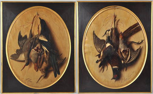 Pair Italian O/C Paintings Hanging Game: signed "M Meucci Firenze 1875", attributed to Michelangelo Meucci (Italian, 1840-1909). Frame size: 33" high, 26 3/4" wide. Canvas damages, holes, cracking, frame losses. Provenance: Property from a W