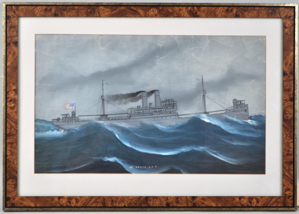 Marine Painting Gunship "SS Neuse" W/P: unsigned, "SS Neuse USA". Framed, not examined out of frame. Frame size: 21 5/8" high, 30 1/2" wide. Areas of paint damage throughout. Provenance: Estate of George E. Ratcliffe, Darien, CT.