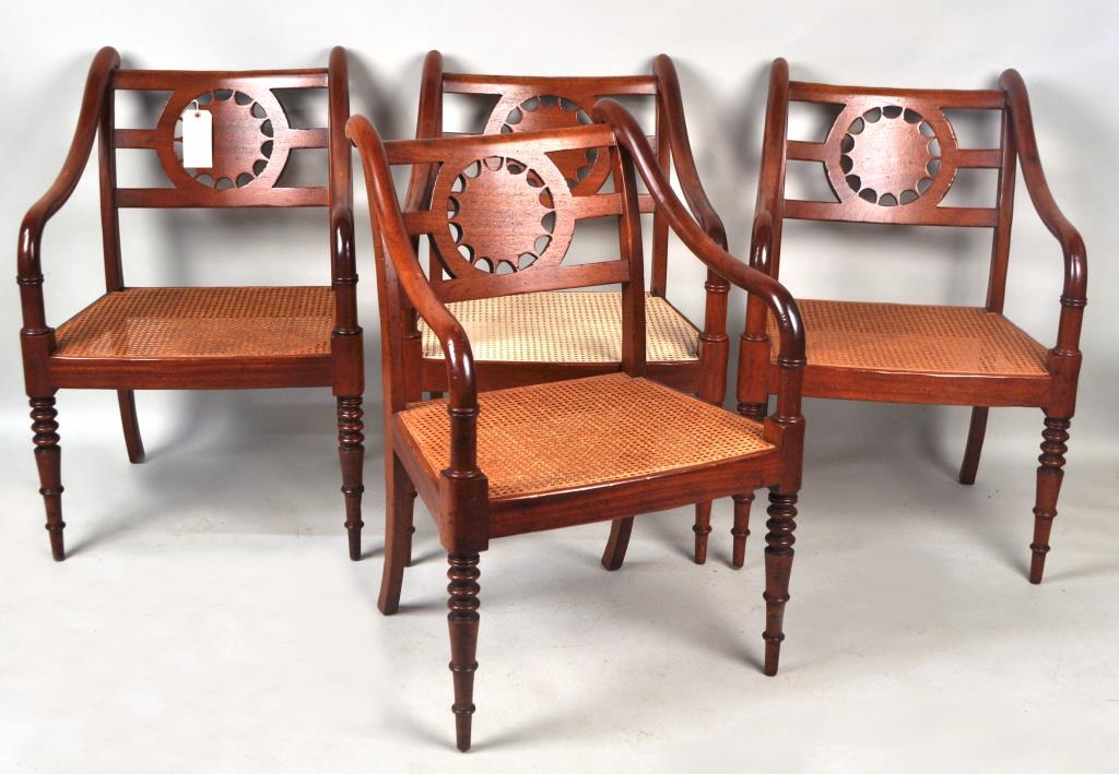 Set Four Regency Style Carved Cane Seat Armchairs (1 of 4)