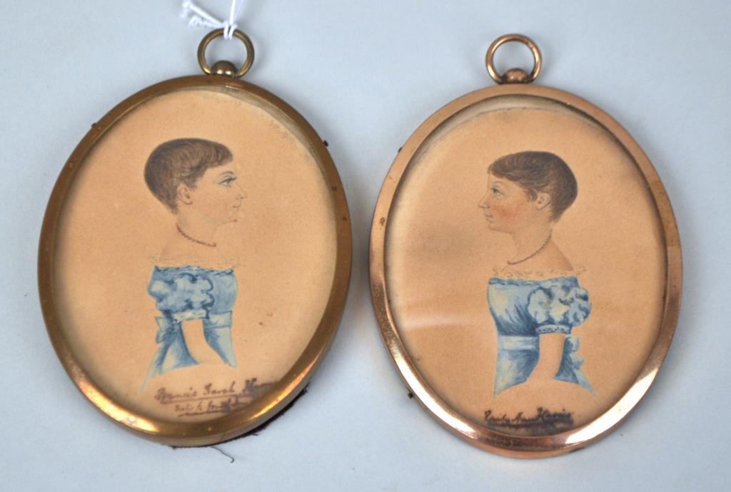 Pair Miniature Folk Art W/C Portraits of Girls (1 of 4)