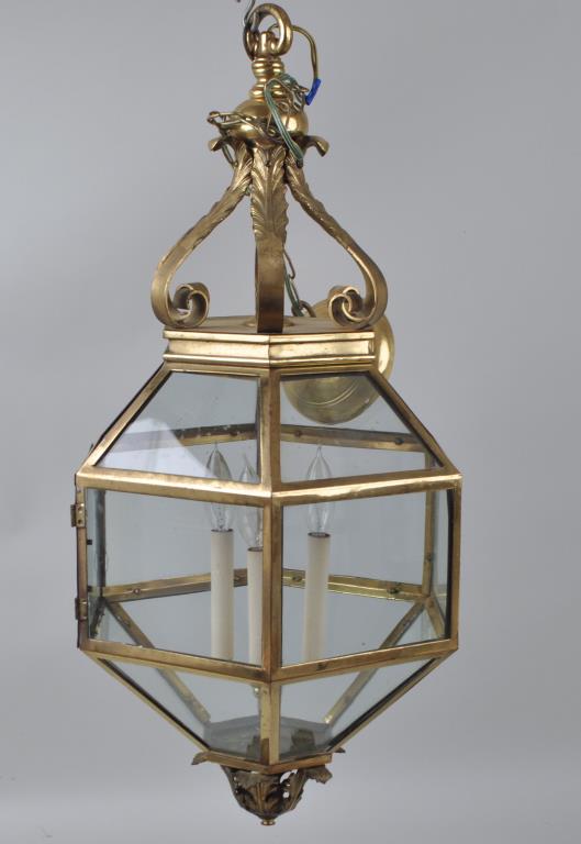 Antique Brass & Glass Three Light Hall Lantern (1 of 3)