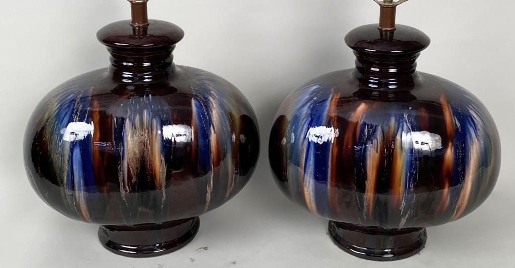 Pair Large MCM Glazed Pottery Lamps (1 of 3)