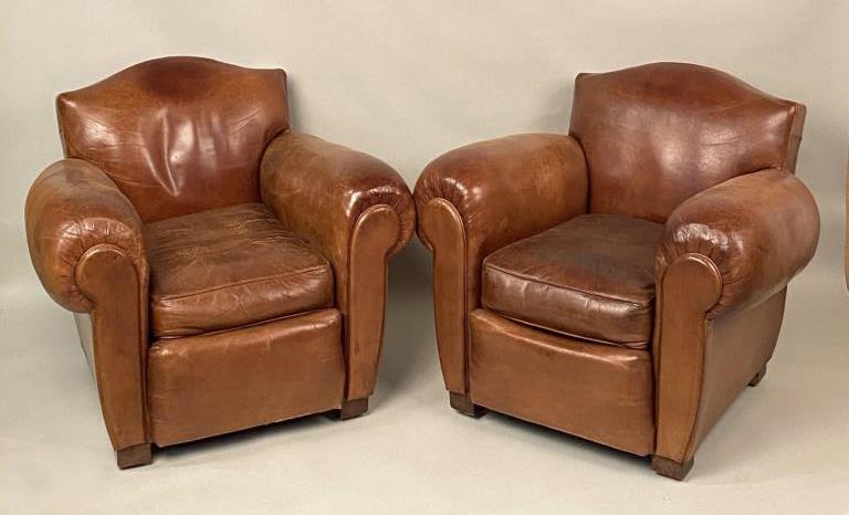 Fine Pair French Deco Brown Leather Club Chairs (1 of 6)